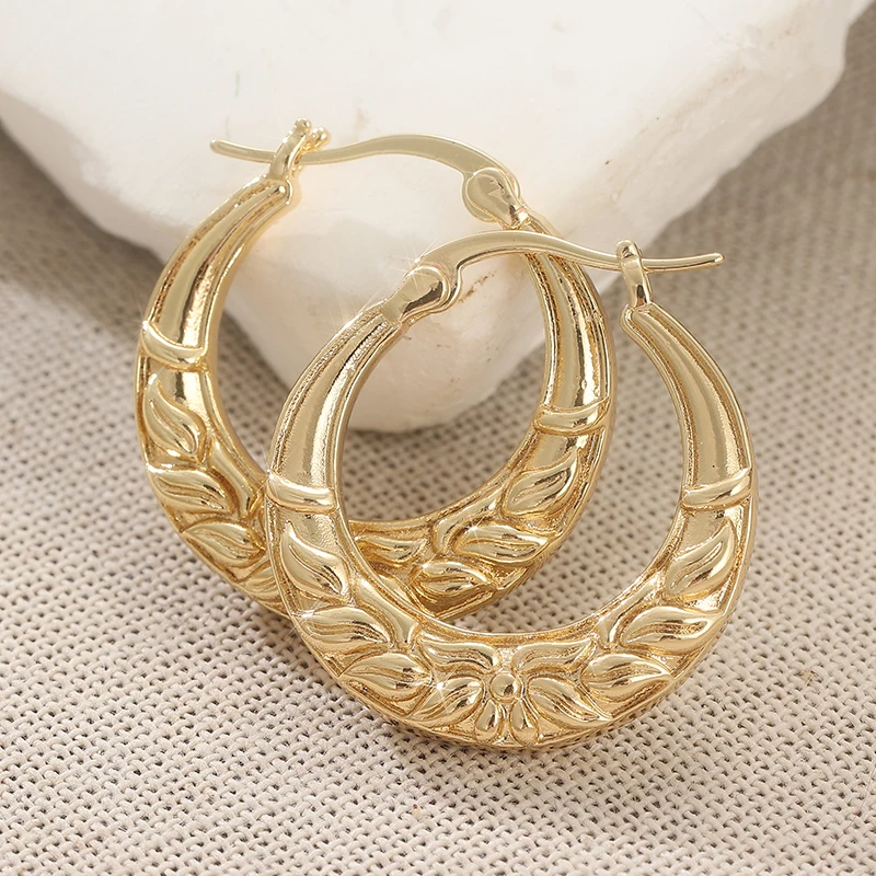 Elegant Minimalist Design Golden Textured Hoop Earrings Women's Fashion Vintage Style Banquet Festival Jewelry Accessories Gifts