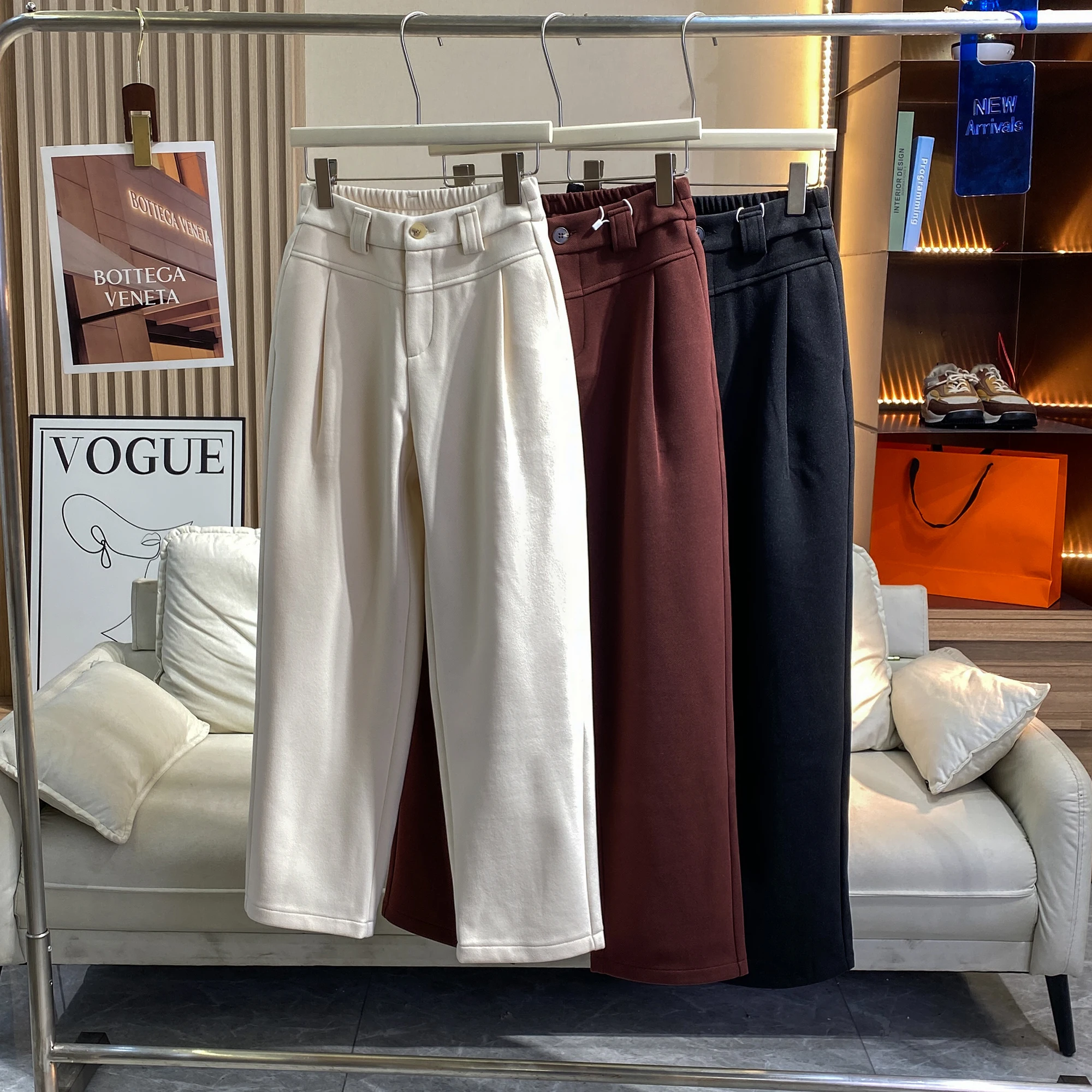 

High Waist Fce Lined Woolen Suit Pants Casual Straight Leg Thermal Storage Simple Design for Women Winter Season