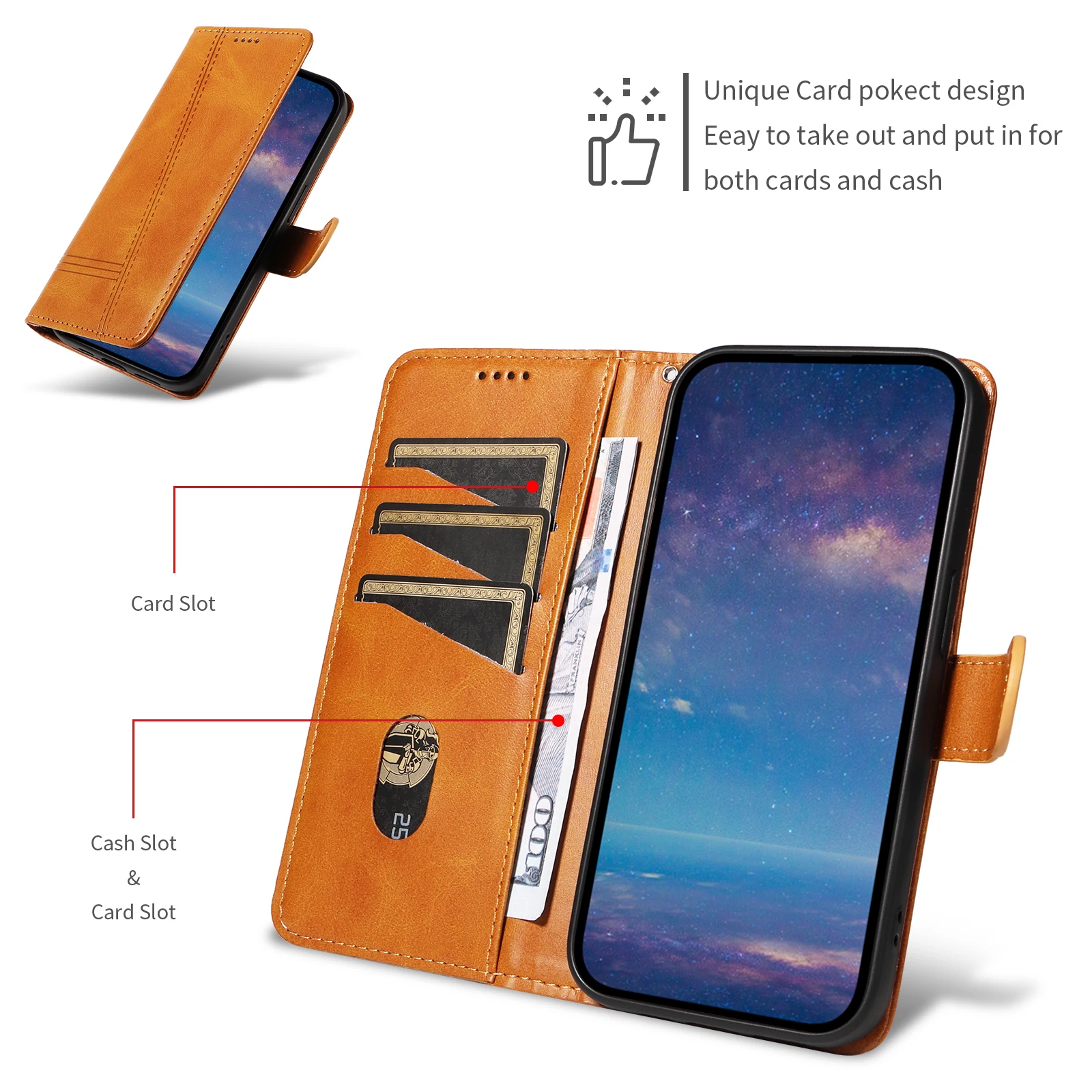 Leather Wallet Phone Case For iPhone 16e 16 Pro Max 15 14 13 Mini 12 11 X XS XR SE2 SE3 8 7 6s Plus Flip Card Slot Holder Cover - view 5