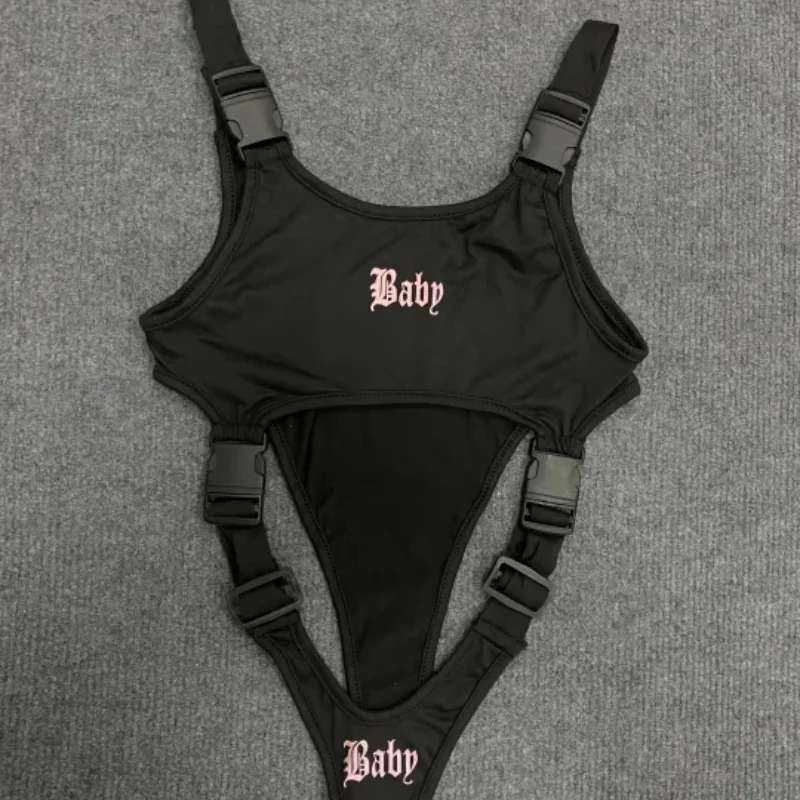 

Sexy Hot Girl Hollow Buckle Exposed Navel Letter Printing Bodysuit European American Summer Fashion Tight Fitting Women Clothing