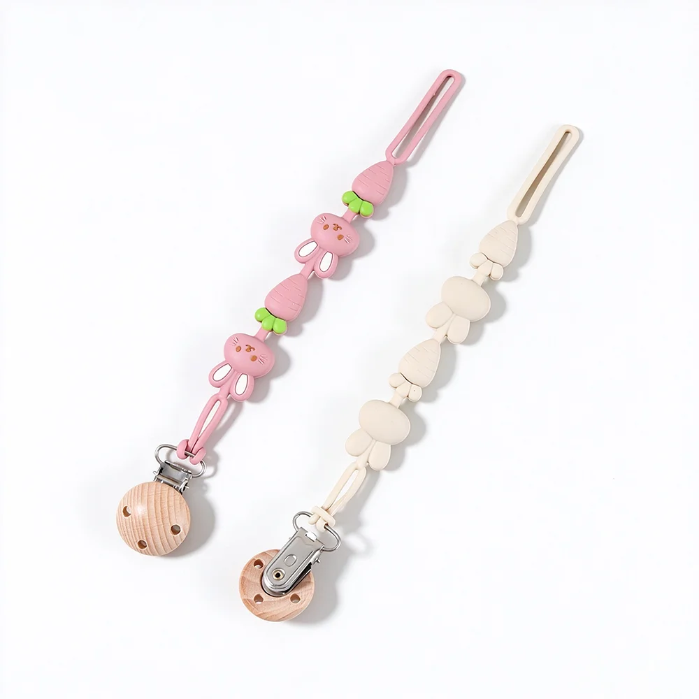Custom Name Silicone Bunny Rabbit Carrot Pacifier Clip Wooden Engraving Baby Dummy Holder Chain Silicone Chain Personalized