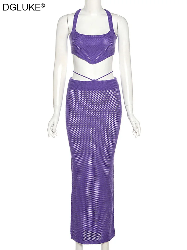 Purple Knitted 2 Piece Set Summer Outfits For Women Sexy Crochet Vacation Beach Outfits Hollow Out Long Skirt And Cropped Set