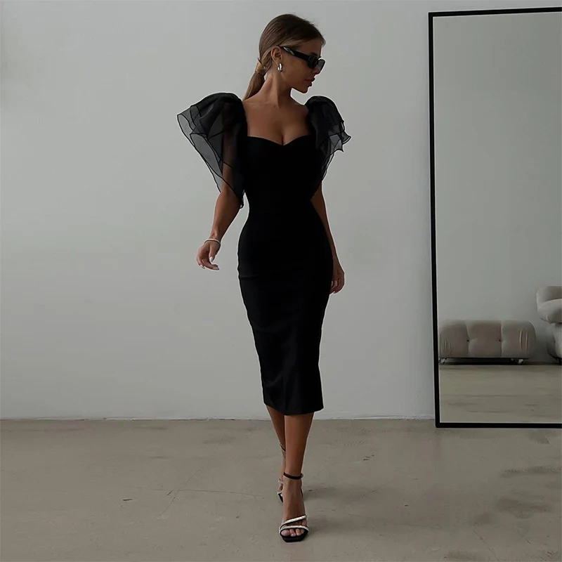 Mesh Butterfly Sleeve Sheath Bodycon Dress Women Square Neck Midi Robe Femme Solid Black Vestidos Mujer Sexy Lady Party Dresses