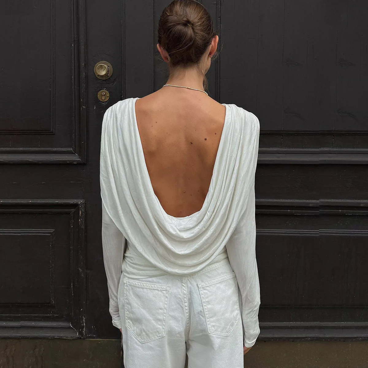 

Apprabant Autumn Backless Ruched Slim Top Women Sexy Round Neck Long Sleeve Casual T-shirts Female Outfits Elegant Commuting