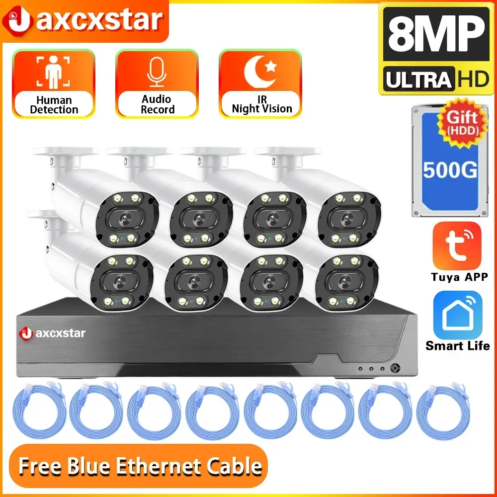야외 방수 CCTV 카메라 세트, 비디오 모션 감지, 무료 이더넷 케이블, 8CH 4K Tuya POE NVR 보안 시스템, IP66, 8MP, 5MP