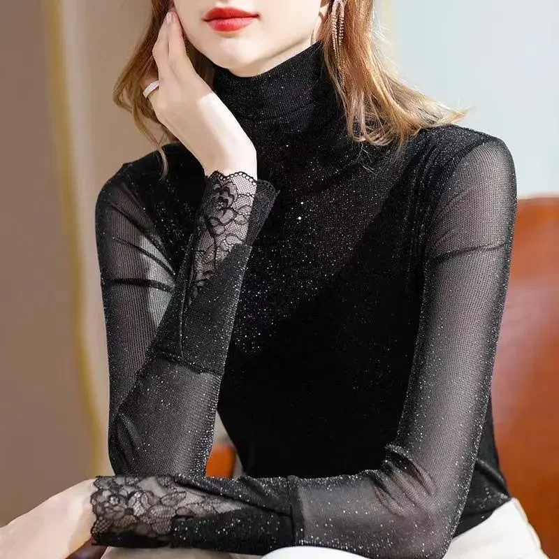 Chic Sexy Tops Mesh Bottom Shirt Women Clothing Tend Autumn Winter Turtleneck Long Sleeve Tops Slim Lace Harajuku Vintage Tops