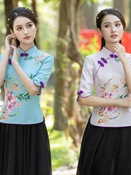 Ricamo Cheongsam stampa Top donna Slim elegante tradizionale cinese vestiti cina camicie Vintage Tang Suit stile etnico