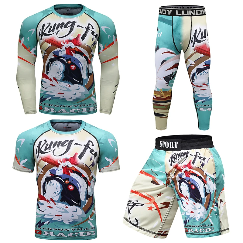 Boks Jiu Jitsu BJJ Rash Guards MMAT-shirt + spodnie garnitur męski Rasguard No GI MMA Ranked spodenki kompresyjna warstwa podstawowa Kickboxing