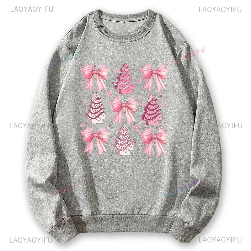 Funny Coquette Pink Christmas Graphic Sweatshirt Pink Christmas Tree Bow Harajuku Vintage Christmas Women Crew Neck Pullovers