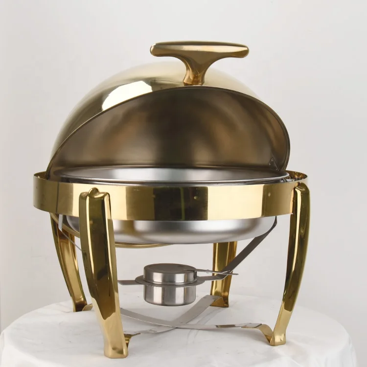 thicken Hotel Catering Seving Luxury Gold Chaffer Buffet Food Warmer 6liters Heater Round Roll Top Chaffing Dish