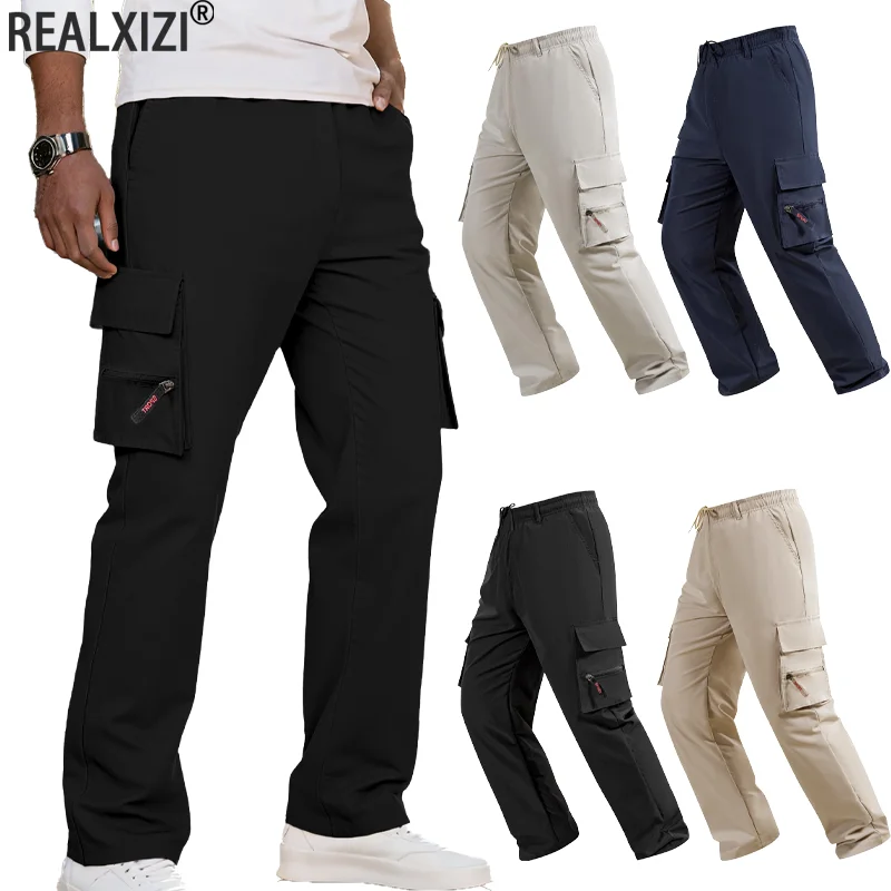 

Мужские повседневные брюки-карго с резинкой на талии, однотонные брюки для тренировок, походные тактические спортивные штаны с карманами