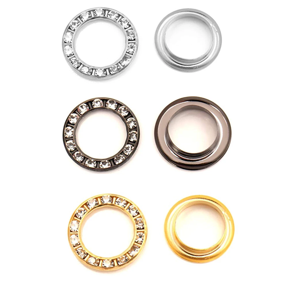 

100 комплектов металлических латунных люверсов со стразами и кристаллами для декора платьев, 12/15/17/22 мм, черные, серебряные, золотые