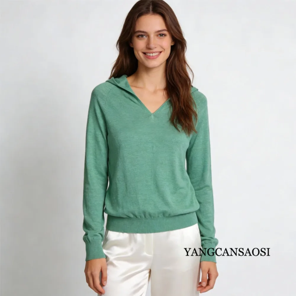 2026 Women's Early Spring Clothing 64% Natural Mulberry Silk Simple Versatile Loose V-neck Solid Pullover Hooded Knitted Sweater