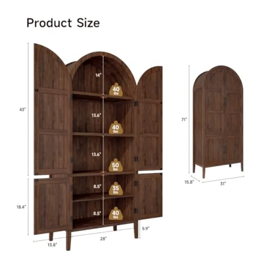 71 Tall Wooden Arched Cabinet for Kitchen Pantry Use, Natural Wood Finish with Adjustable Feet, Farmhouse Style 5-Tier Storage view 2