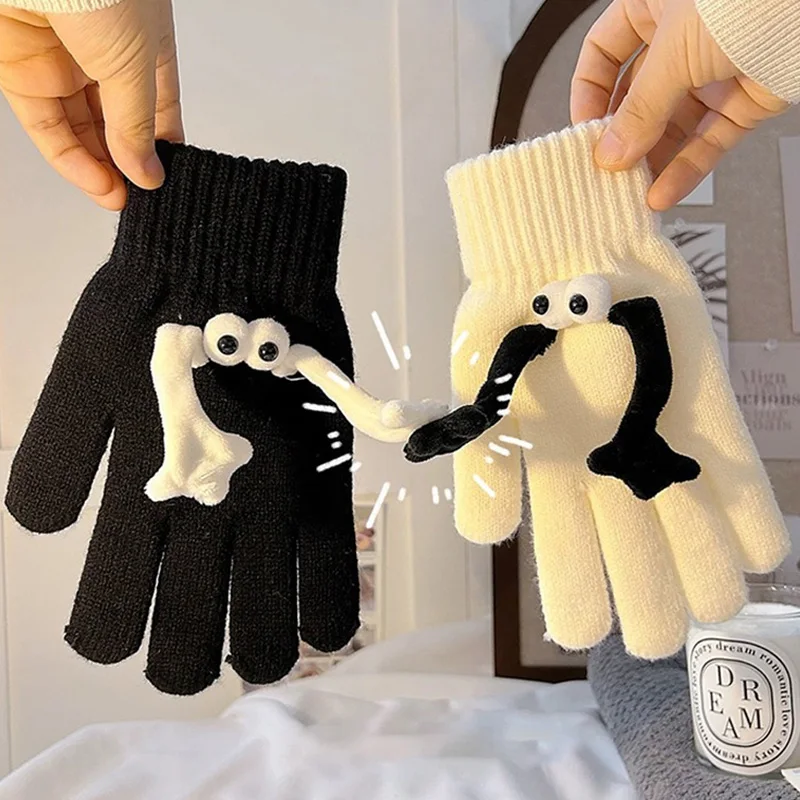 Cute Hand in Hand Gloves Women Cartoon Magnetic Hands Winter Knitted Warm Glove Thick Full Finger Touchscreen Couple Mittens