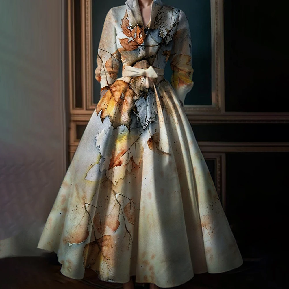 Abito lungo da donna elegante con stampa di foglie d'acero Abito lungo vintage a maniche lunghe in cotone con risvolto a vita alta Abiti lunghi da sera femminili