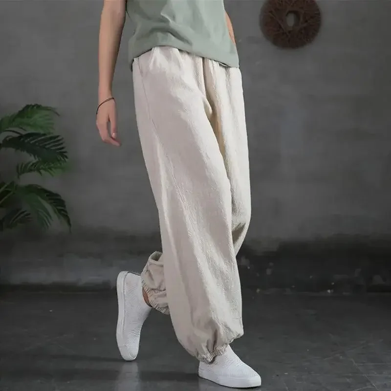 

Bloomers Cotton Linen Casual Elastic High Waist Loose Women's Pants Korean Fashion Wide Leg Ankle-Length Pants For Women 2025