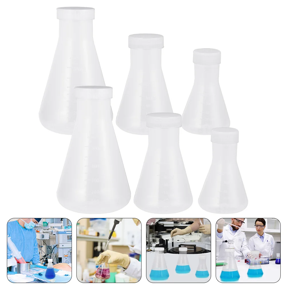 

6 Pcs Plastic Erlenmeyer Flask with Stopper Side Arm Storage Thick Wall Laboratory Conical Thickened