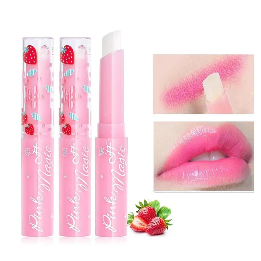 Lápiz labial de fresa, bálsamo labial hidratante de larga duración, 3 piezas, nutritivo, mágico, cambio de Color, resistente al agua, brillo labial, maquillaje mate