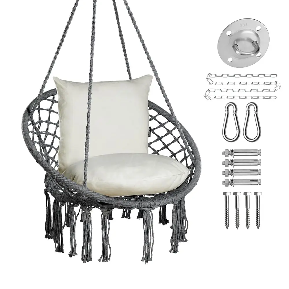 

Macrame Chair Hanging Swing Ch 330 Lbs Hammo Chair With 2 Cushions And Hardware Kits Cotton Rope Chair For Indoor Outdoor