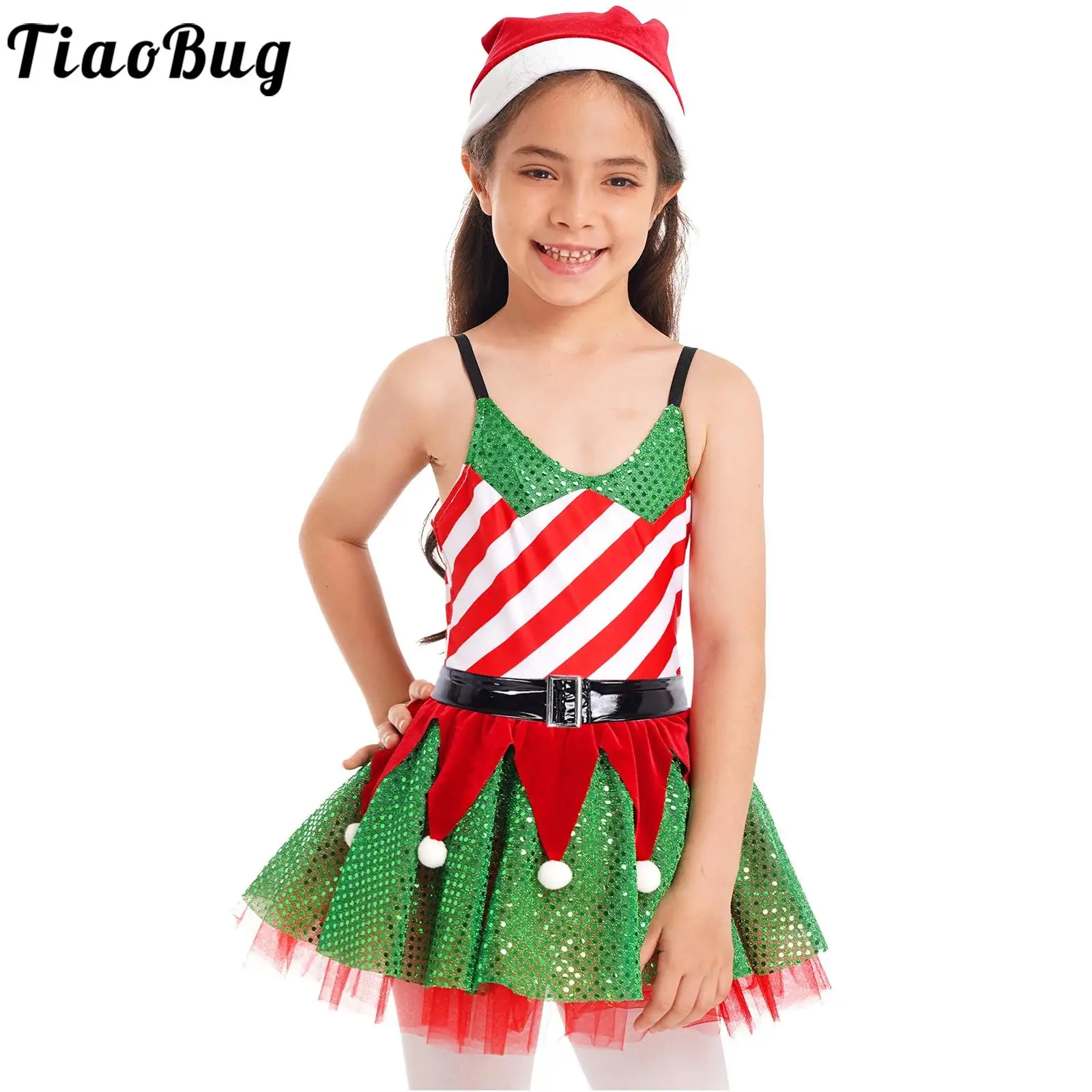 

Kids Girls Elf Christmas Dress Sequins Striped Xmas Santa Cosplay Performance Costume Mesh Tutu Leotard Dresses with Belt Hat