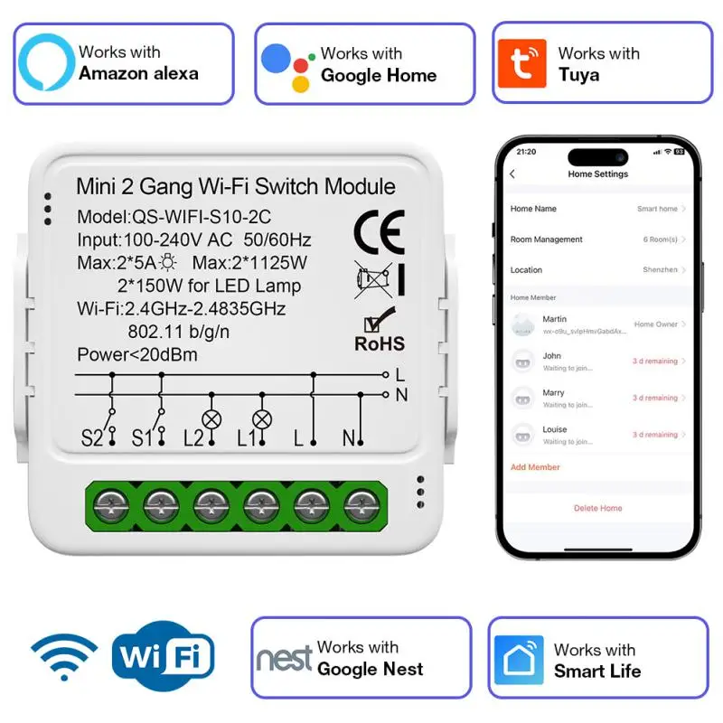 Tuya Smart Wifi Switch Module 1/2/3 Gang Mini Smart Breaker Smart Life Control Anywhere Works With Alexa Google Home Alice