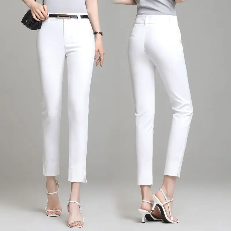 Pantalon Slim Fit pour femme, pantalon à jambe droite, taille moyenne, bouton de poche document, monochromatique, décontracté, polyvalent, élégant, nouvelle mode, printemps et automne