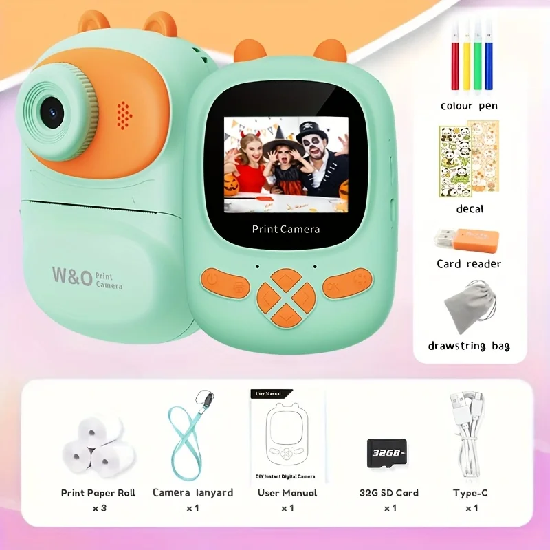 

1 камера для мгновенной печати — цифровой дисплей HD 1080P, противоударная мини-камера с мультяшным рисунком и таймером, устойчивая к царапинам, в комплект входит 32