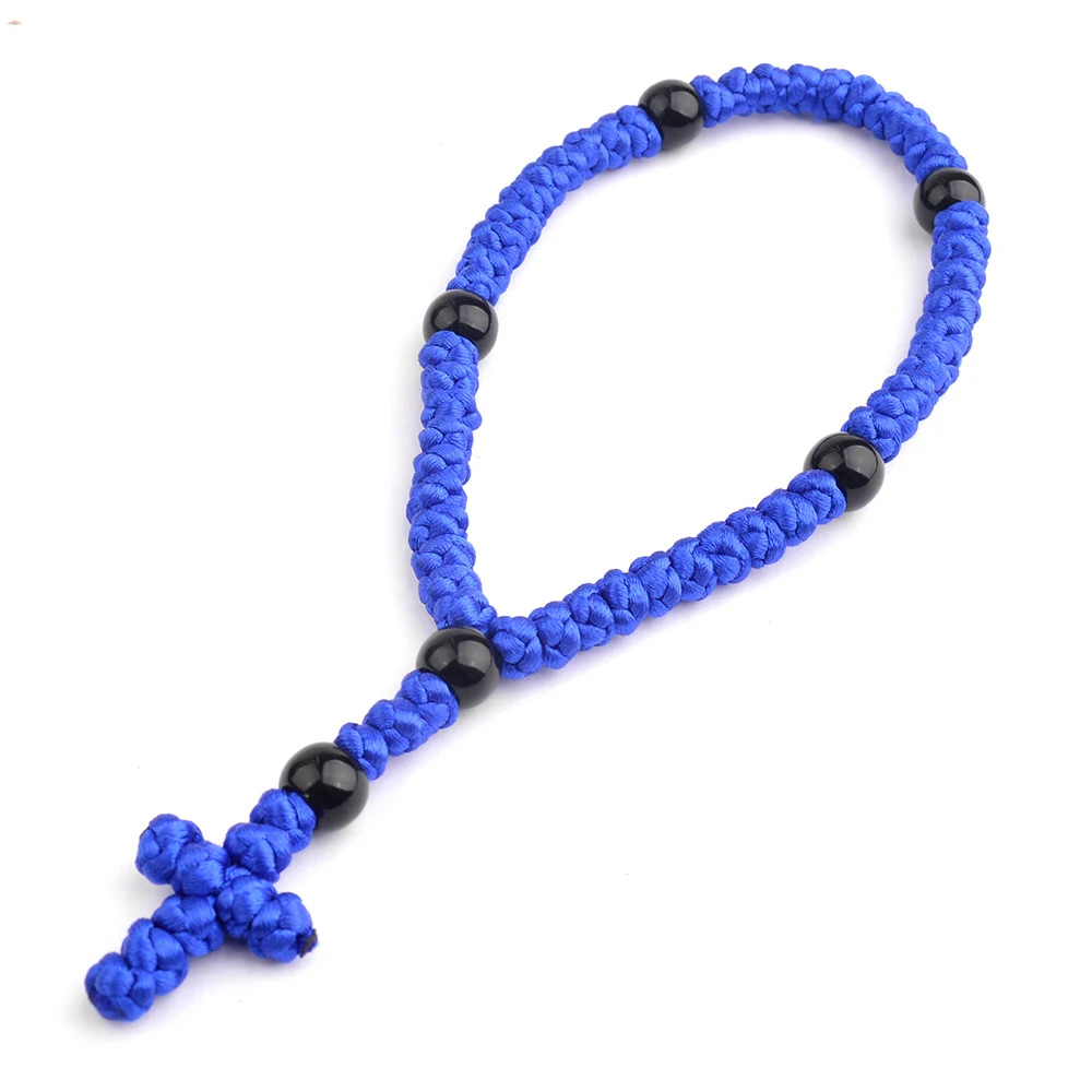 Fashion Handmade Blue Black Knot Catholic Rosary Bracelet with Acrylic Round Father Beads