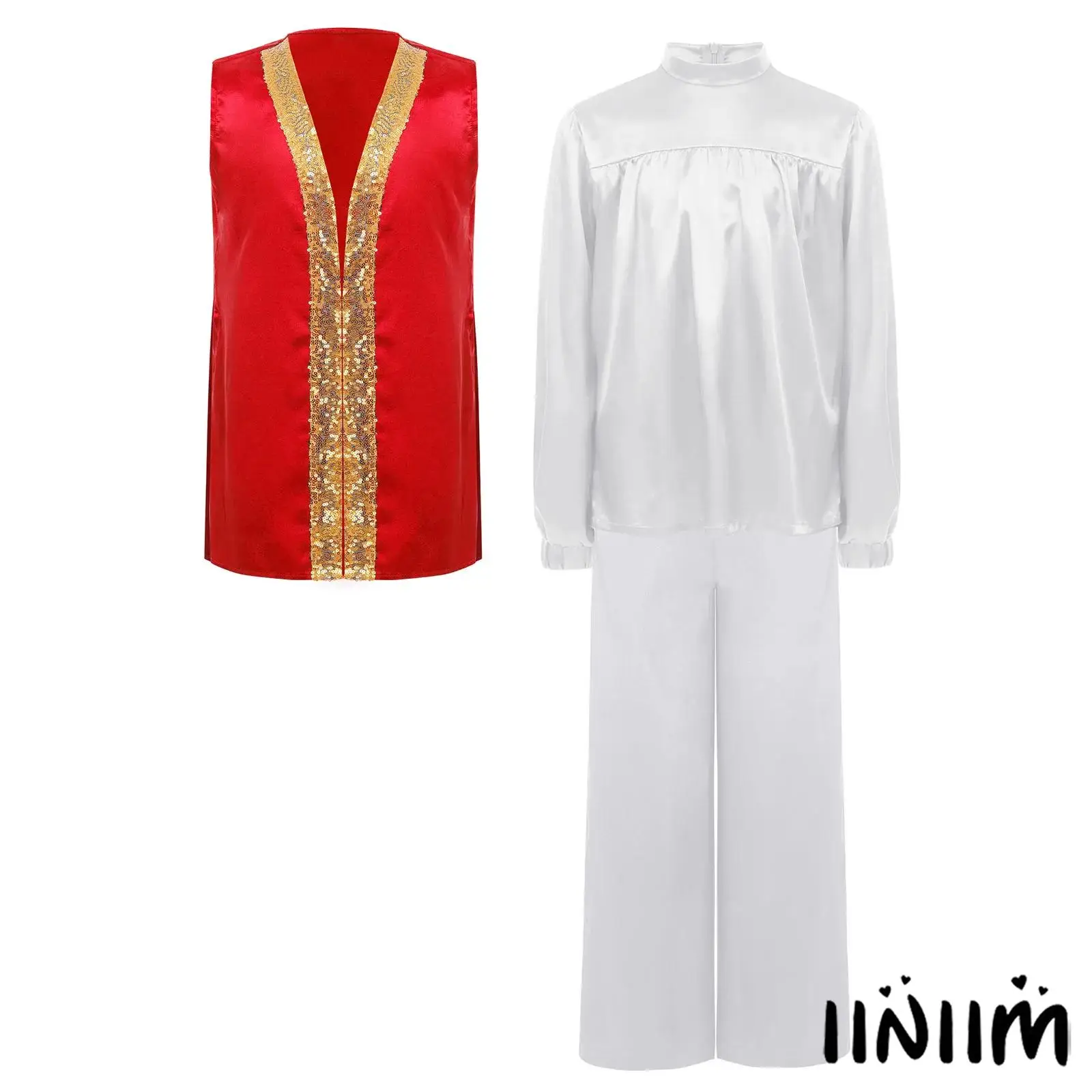 

Детский танцевальный наряд для мальчиков, атласный топ с длинными рукавами + халат без рукавов с разрезом по бокам и блестками + комплект брюк для церковного литургического танца