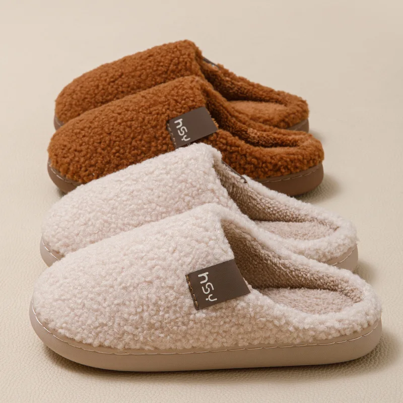 Unisex Plush Slippers for Couples - Winter Thickened House Shoes, Fleece-Lined Anti-Slip Indoor Slides for Women & Men