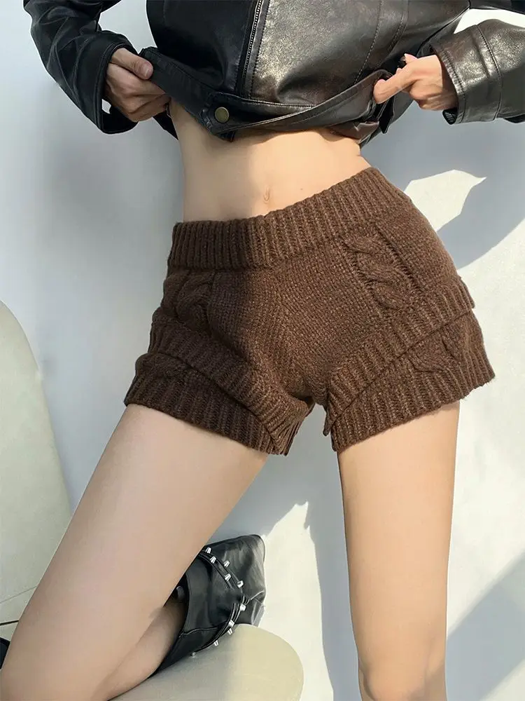 Women's 2026 Autumn Winter Korean Cable Knit Shorts Slim Fit Versatile Layering Warm Elegant Chic Coquette Trendy