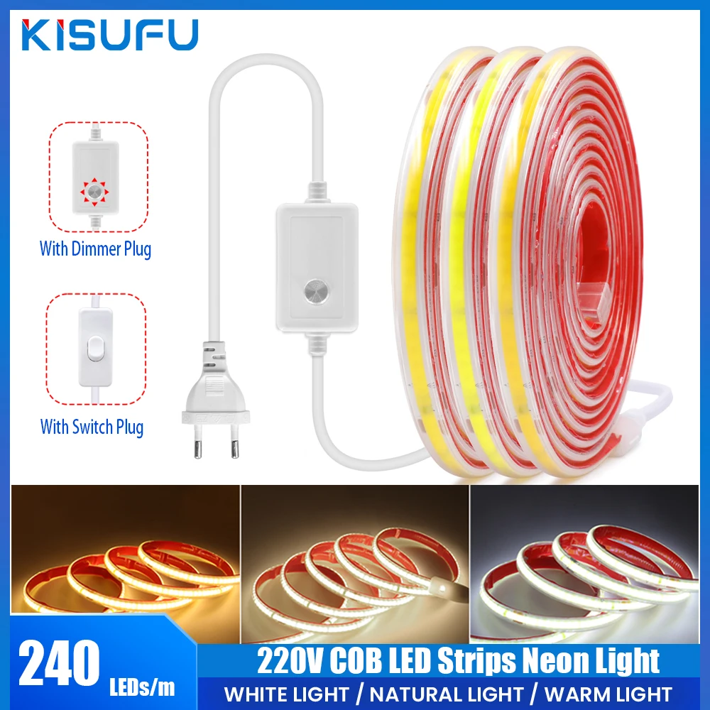 COB LED Strips Neon Light 220V IP65 Waterproof 240Leds/m Flexible Ribbon Tape Strips Light Dimmer/Switch Plug for Garden Decor