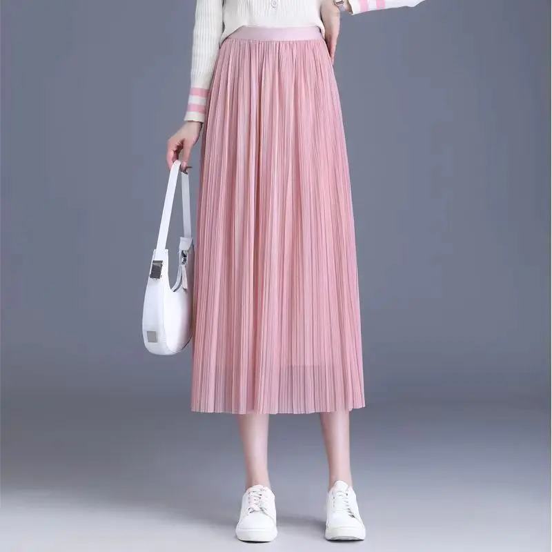 Two Sided Mesh Pleated Skirt, Medium Length Chiffon Women's Spring and Summer New 2023 High Waisted Draped Yarn Lady Skirt