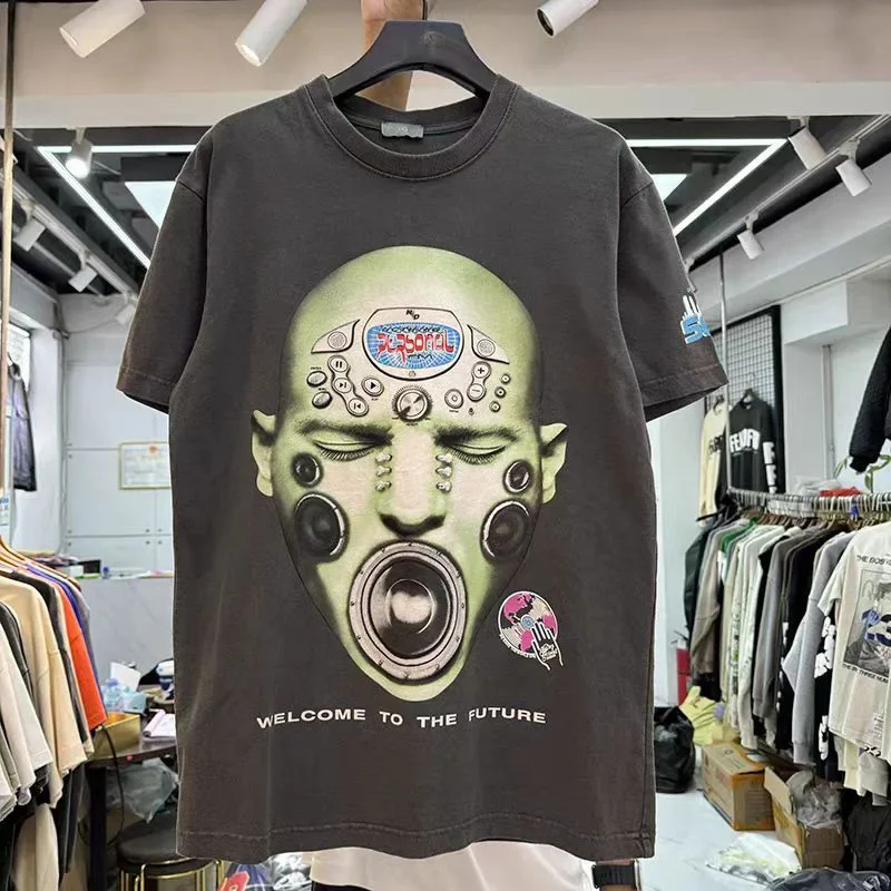 High Street Mechanical Avatar Printing Casual T-shirt Men Woman Hip Hop Wash Make Old Loose Versatile Tops Tee