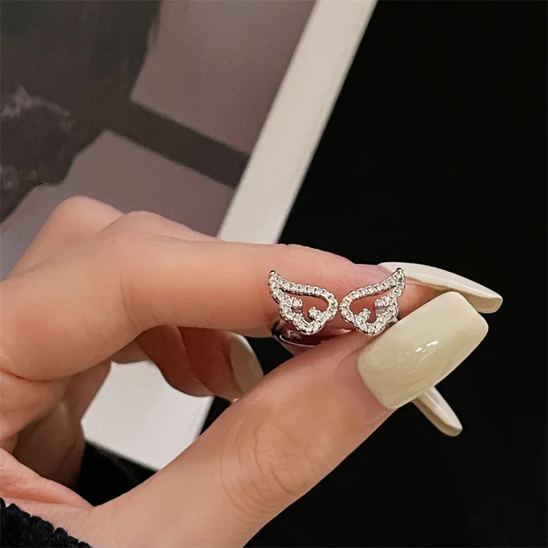 Silver Color Inlay Zircon Angel Wings Finger Rings for Women Fashion Simple Adjustable Opening Rings Jewelry Female Lover Gift