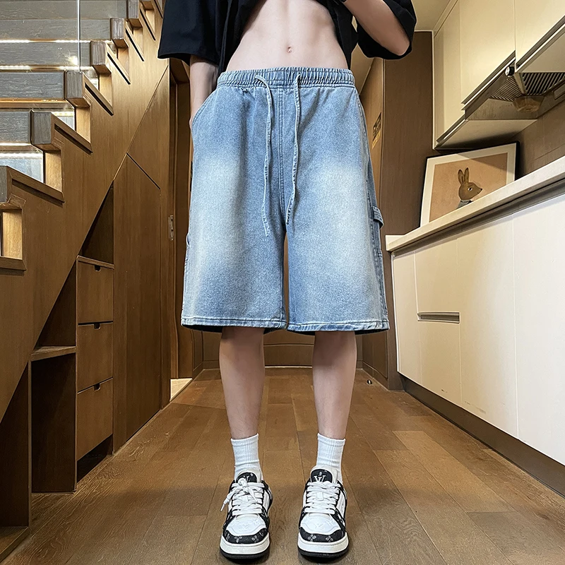 メンズストレートデニムショーツ,ルーズフィット,伸縮性のあるウォッシュドジーンズ,ベーシックスタイル