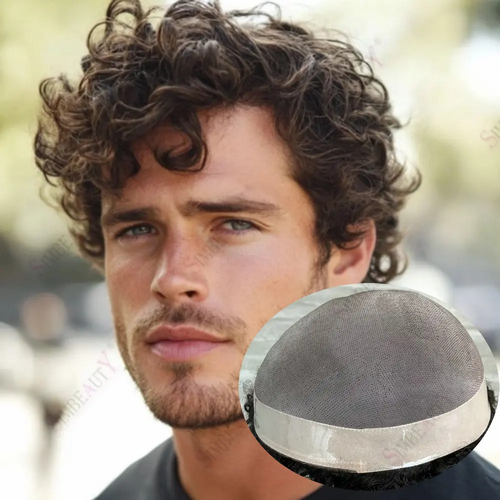 

100%Human Hair Wigs for Men 26mm Curly Mono Lace Toupee Replacement System Natural Hairpiece Male Prosthetic Hair24mm 28mm curly
