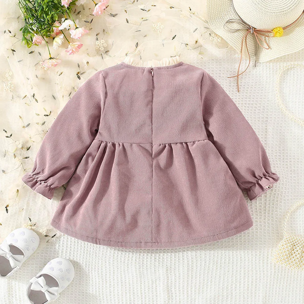 Fall New Baby Girls Dress Bow Mesh Pleated Bow Trumpet Sleeve Lace Pleated Sweet Princess Dress Birthday Party Team Dress