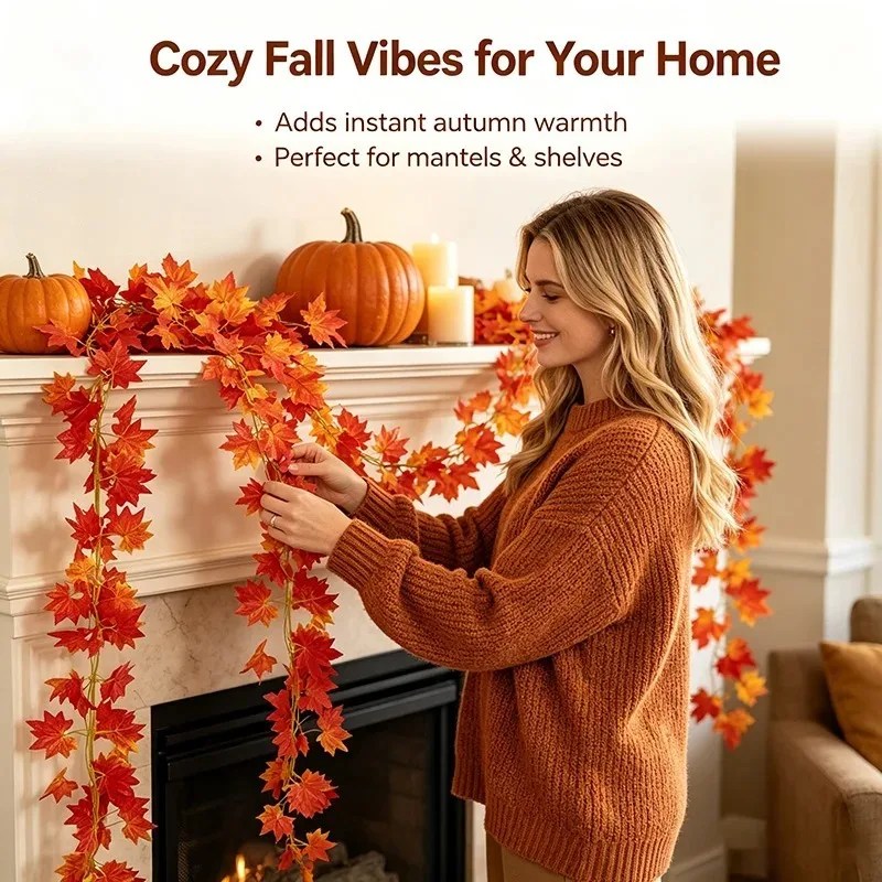 Artificial Fall Maple Leaf Garland Fake Hanging Vine Autumn Leaves for Thanksgiving Halloween Christmas Wedding Party Home Decor - view 3