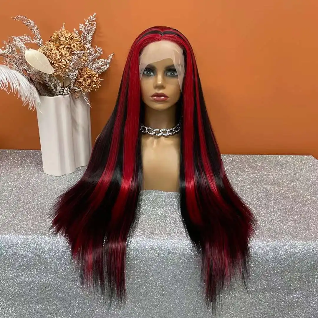 Drag Queen Synthetic Transparent Lace Front Wig Highlight Red Black Color Lace Wig Cosplay Wigs For Black Women