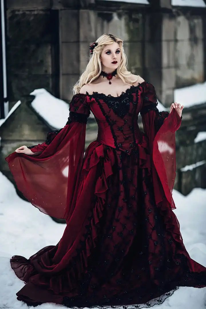 Vestido de novia gótico de la Bella Durmiente, princesa Medieval, rojo y negro, vestido de baile de novia, manga larga, Apliques de encaje, vestidos victorianos