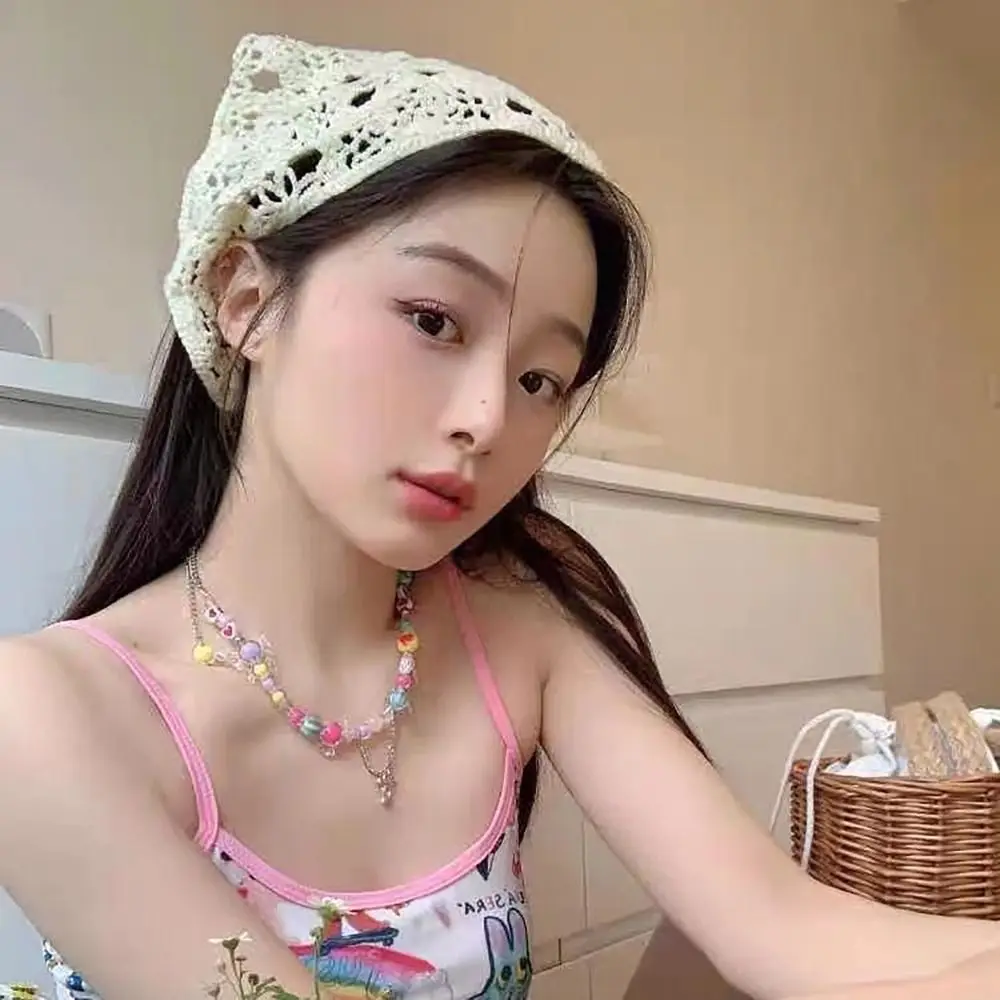 

French Pastoral Style Triangle Headband Handmade Crochet Flower Strawberry Headscarf Hat Knitted Girls Headband Towel