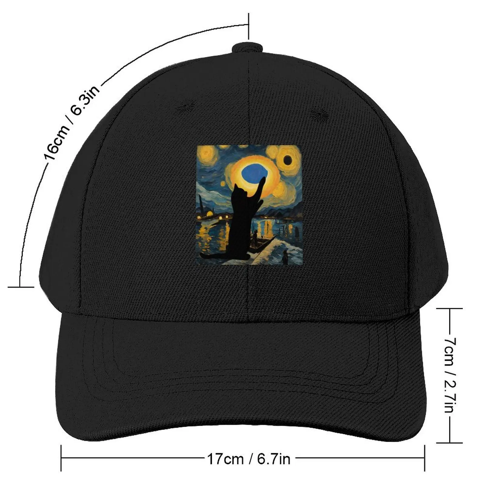 Solar eclipse Van Gogh style and my black cat in Texas Baseball Cap tea Hat Christmas Hat Gentleman Hat Men Women's