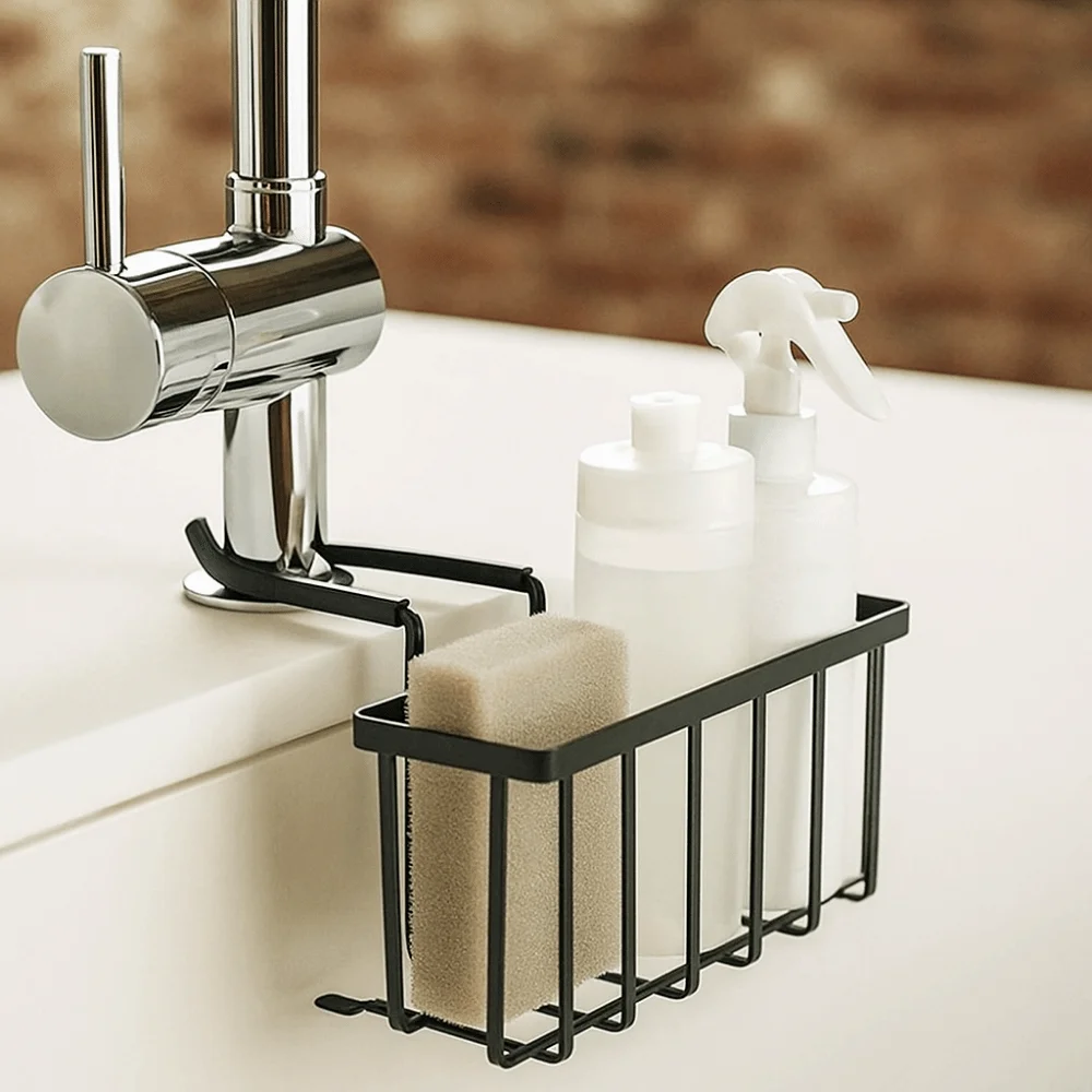 

Carbon Steel Sink Sponge Holder Hanging Design Adjustable Sink Faucet Shelf Draining Space Saving Sponge Storage Rack Kitchen