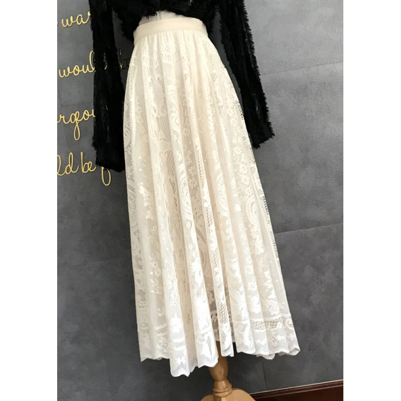 

Белая кружевная плиссированная длинная юбка f, женская весна-лето 2025, новое платье трапециевидной формы с высокой талией, корейское платье