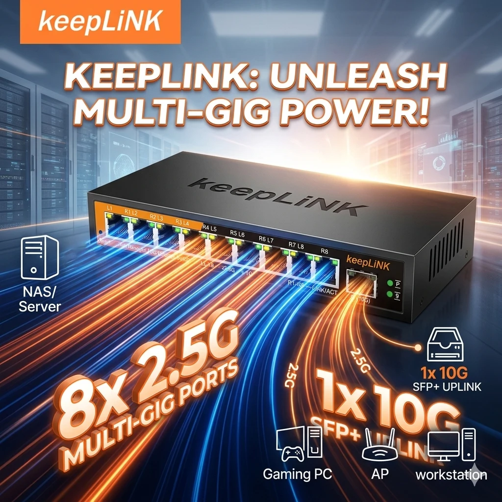 

KeepLiNK KP-9000-9XHML-X 9-Port Web-Managed Network Switch | 8 x 2.5Gb RJ45+ 1 x 10Gb SFP+ for Uplink IGMP Snooping