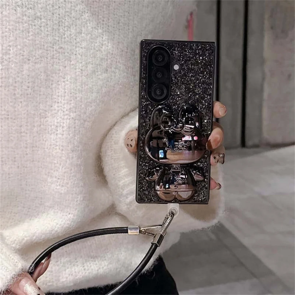 

Fashion Black Glitter Cute Rabbit Stand Phone Case For Samsung Z Fold 7 6 5 ZFold6 ZFold5 Cover with Hand Rope Cartoon Cases Fun