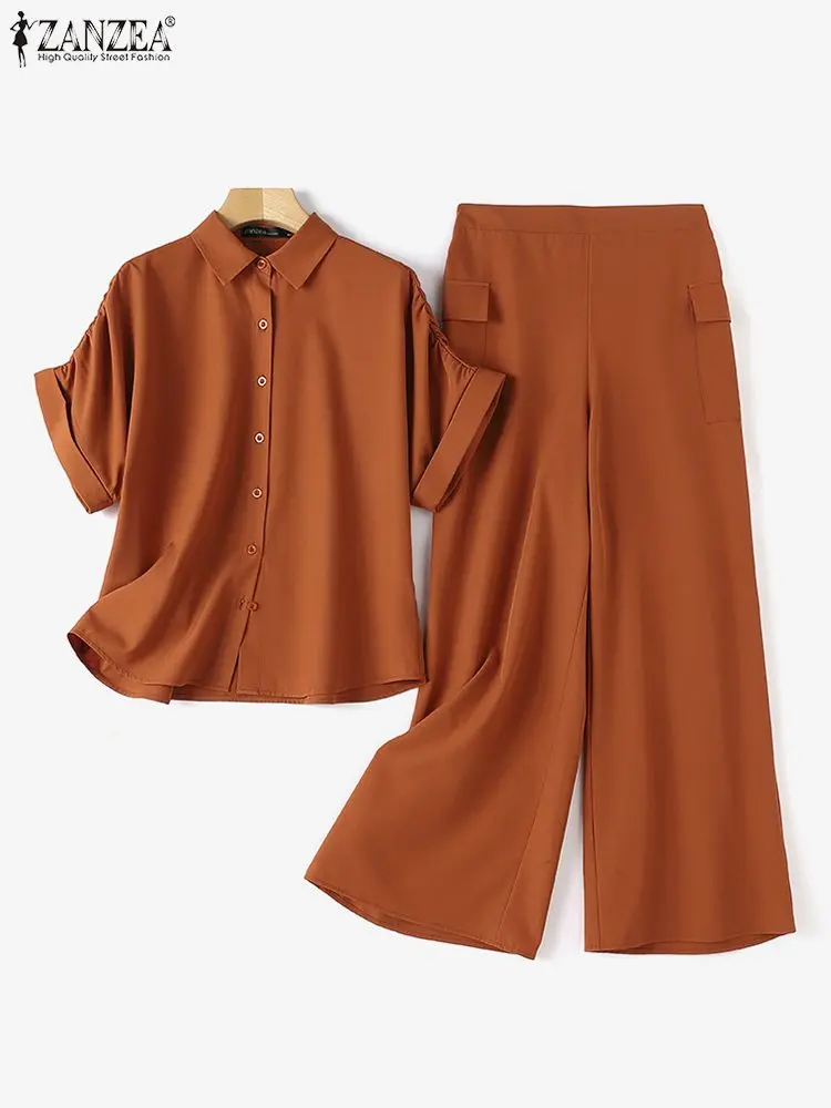 ZANZEA Fashion OL Work Sets Short Sleeve Lapel Neck Blouse Loose Pants Two Piece Sets Elegant Solid Tracksuits Oversized 2024