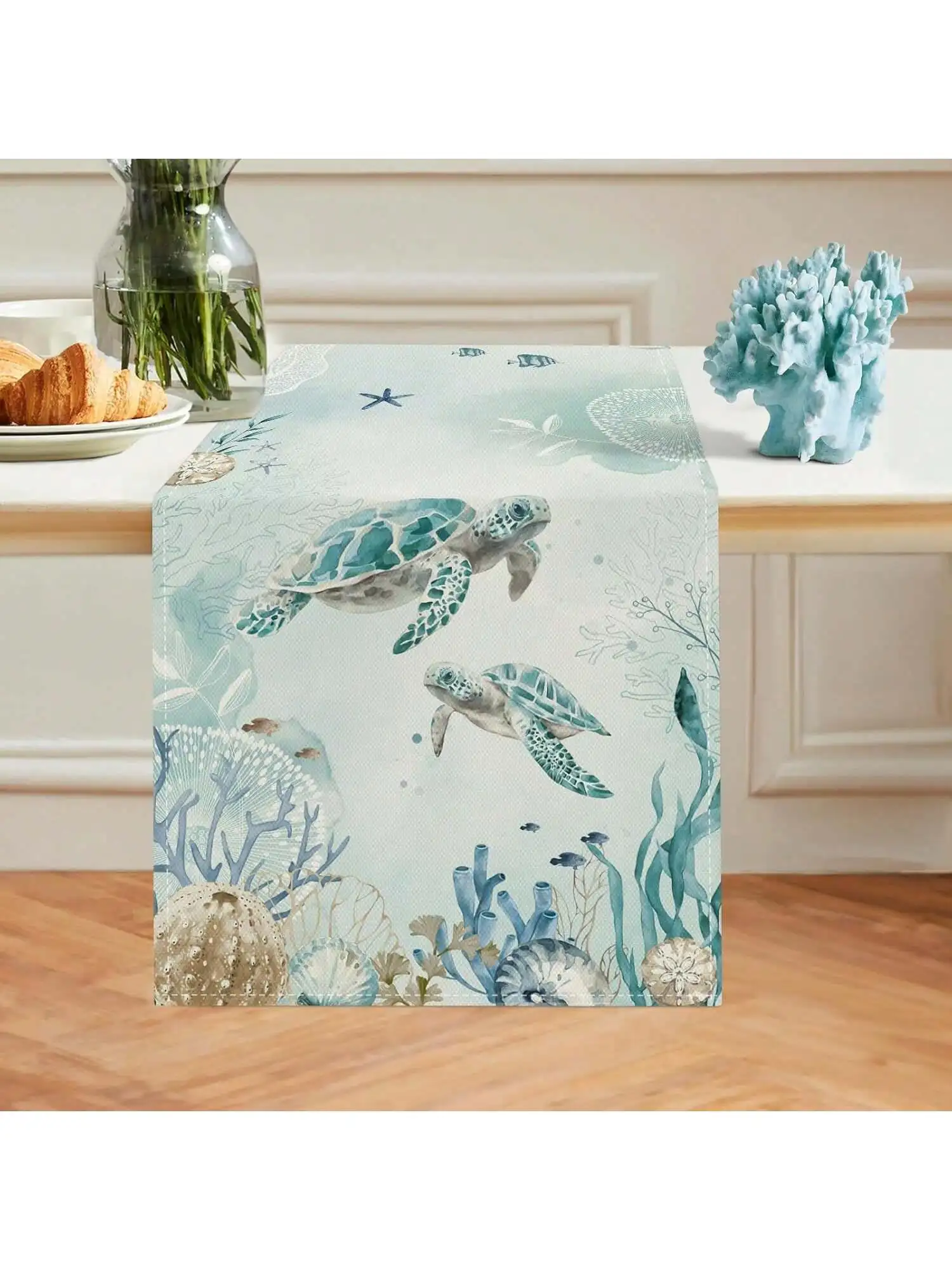 1 Piece Turtle Design Table Runner, Sea Blue Green Ocean Theme Summer Kitchen Table Decoration, Suitable for Indoor and Outdoor Family Parties